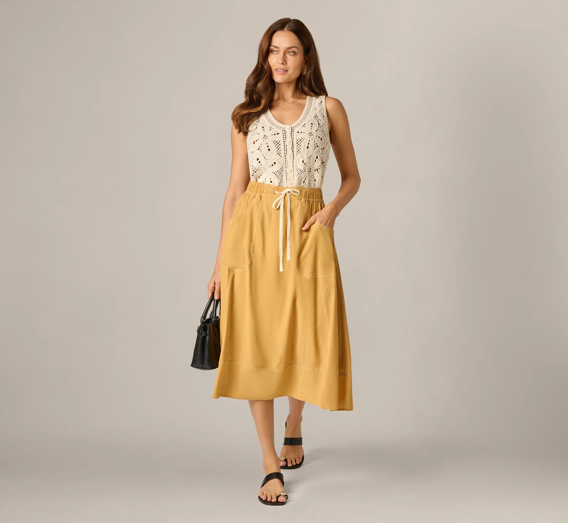 Yellow Drawstring Crinkle A Line Midi Skirt - Adrianna Papell | Adrianna Papell