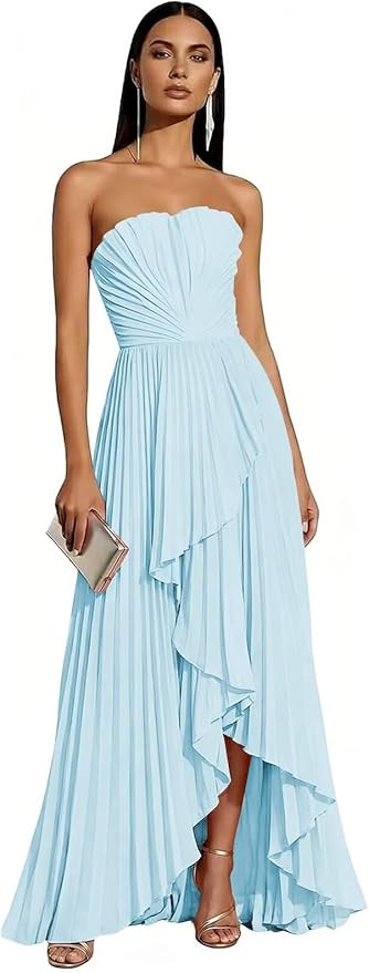 Strapless Bridesmaid Dresses for Women 2026 Pleated Satin Hi-Lo Formal Dress for Wedding Guest | Amazon (US)