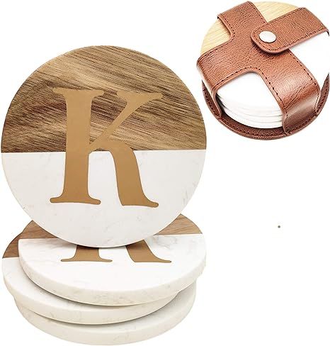 Wood and Marble Coasters with Leather Holder ，4Pcs White Coaster with Gold Initials for Office ... | Amazon (US)