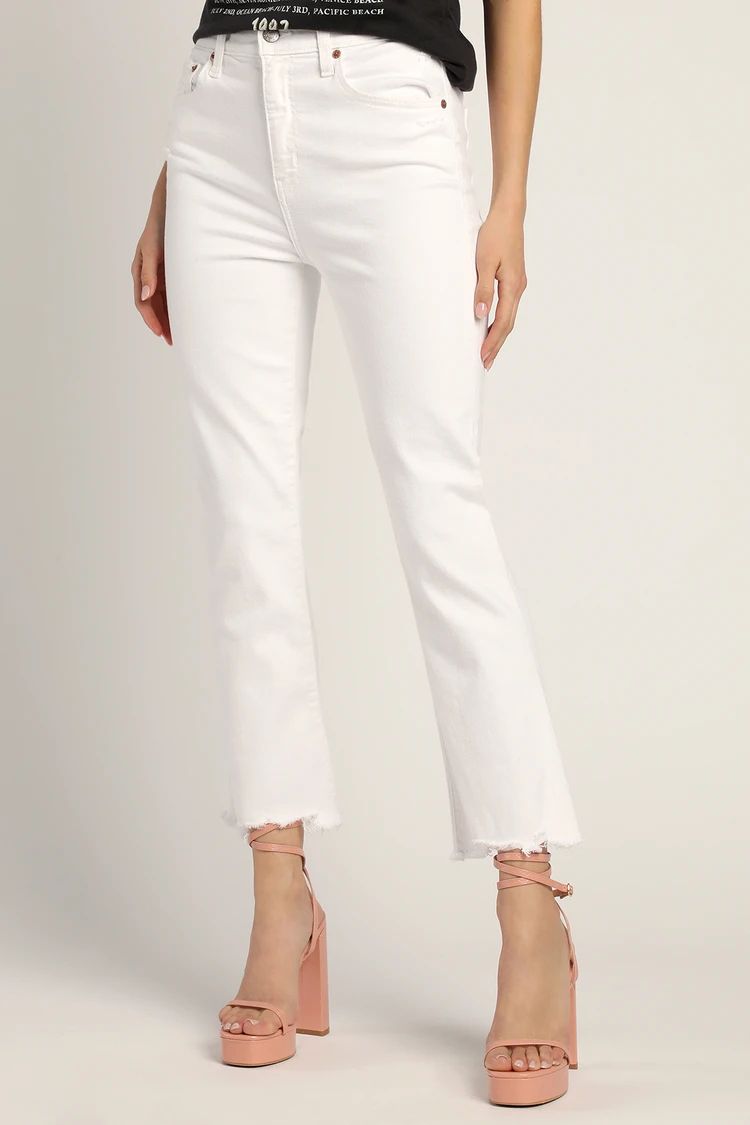 Shy Girl White High-Waisted Cropped Distressed Flare Jeans | Lulus