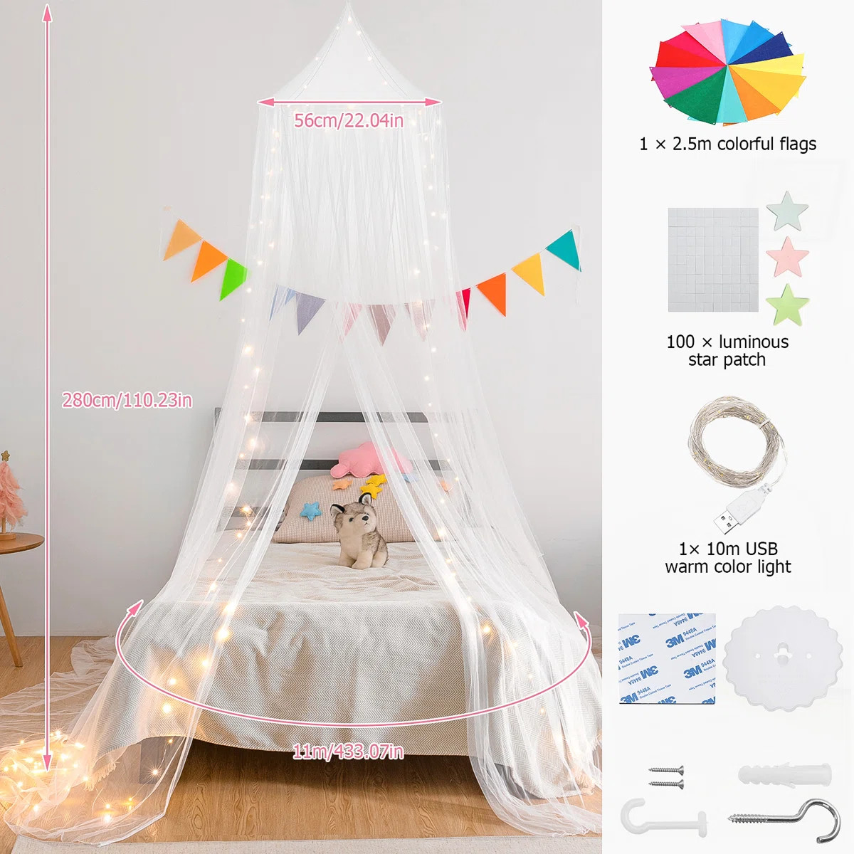 Bed Canopy with Lights, Bed Canopy with Luminous Stars, Canopy Bed Curtains for Twin to King Size... | Wayfair North America