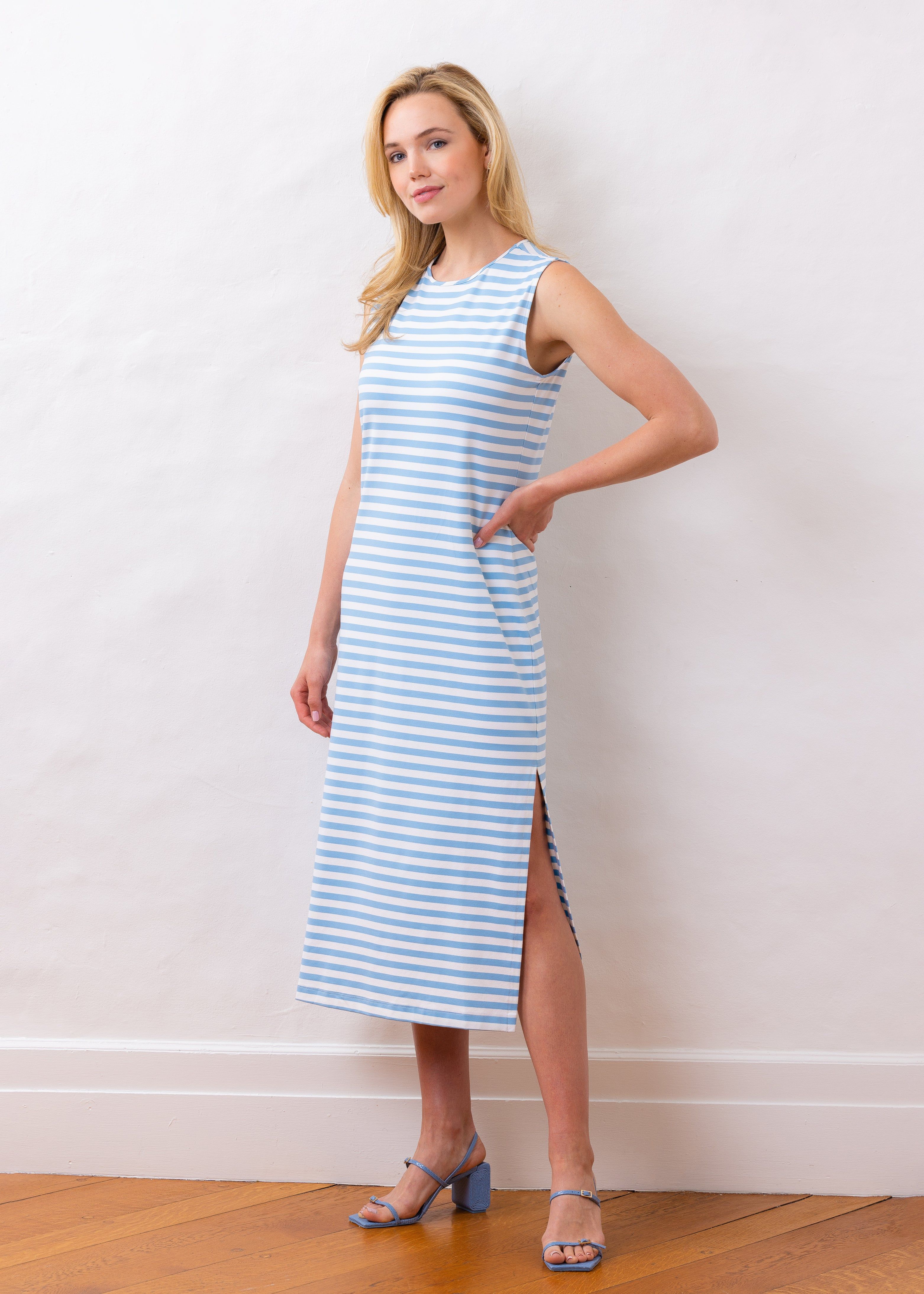 Tory Maxi Tank Dress in Repreve® Striped Jersey (Blue / White) | Dudley Stephens