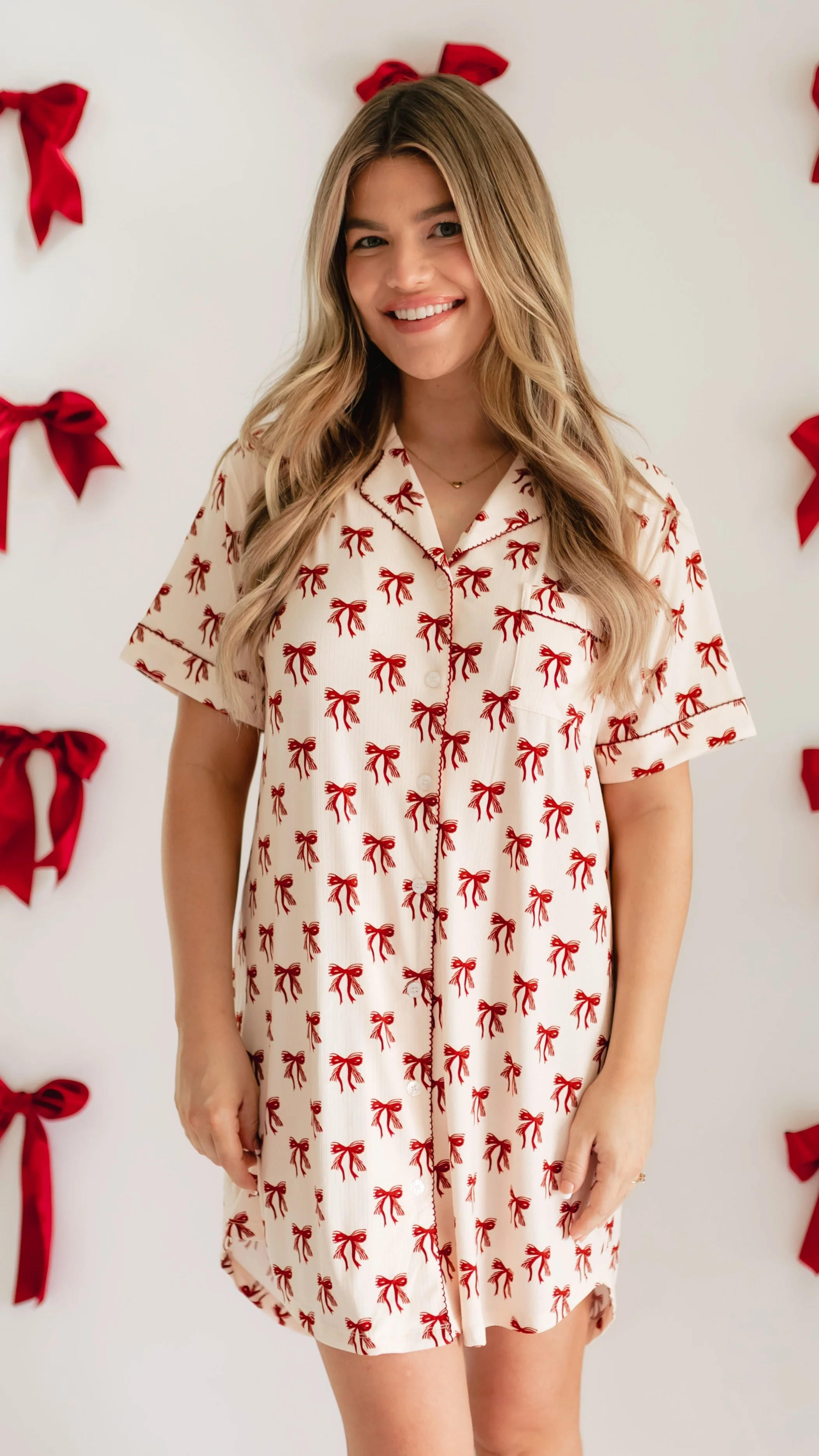Women's Ribbed Button Down Dress In Christmas Bows | Silks Design