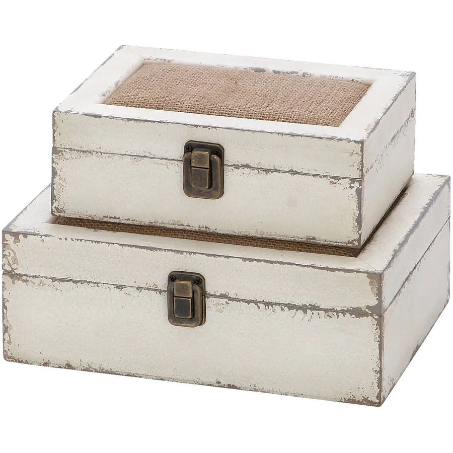 Decmode - White Wood and Burlap Decorative Boxes, Set of 2: 10" x 7", 8" x 6" | Walmart (US)