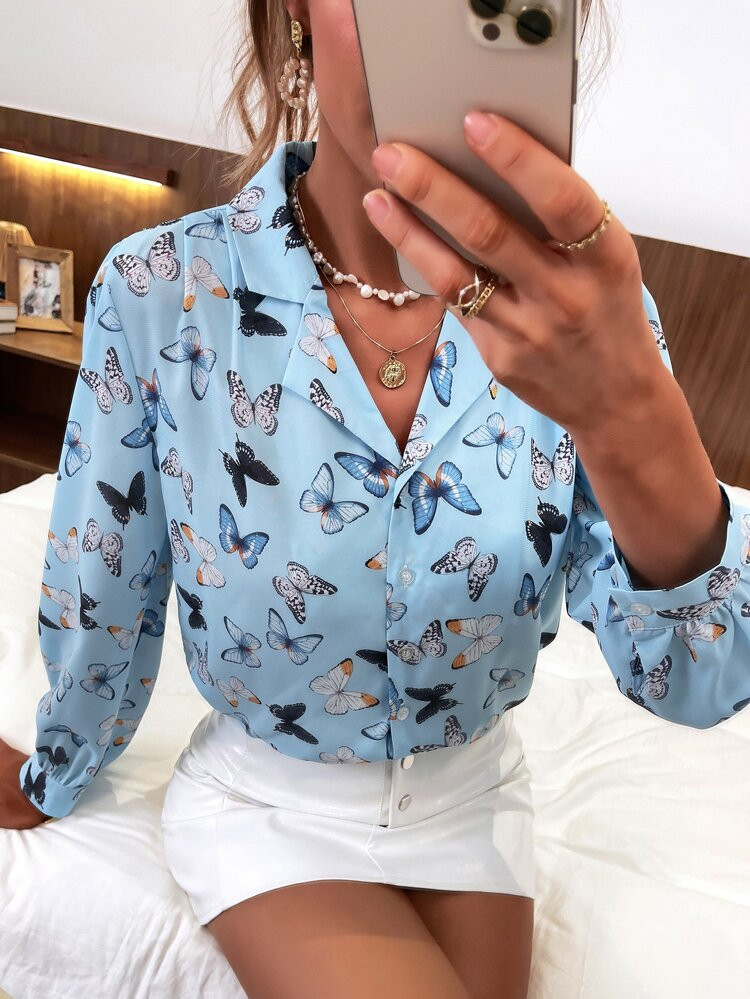 Allover Butterfly Print Lapel Neck Blouse | SHEIN