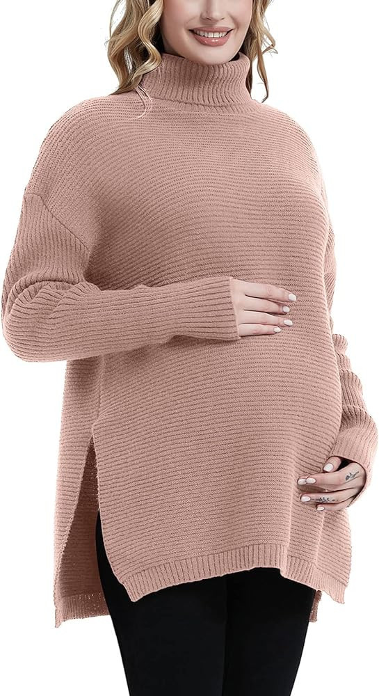 GINKANA Maternity Sweater Turtleneck Side Split Long Sleeve Shirt Casual Tunic Pullover Sweater K... | Amazon (US)