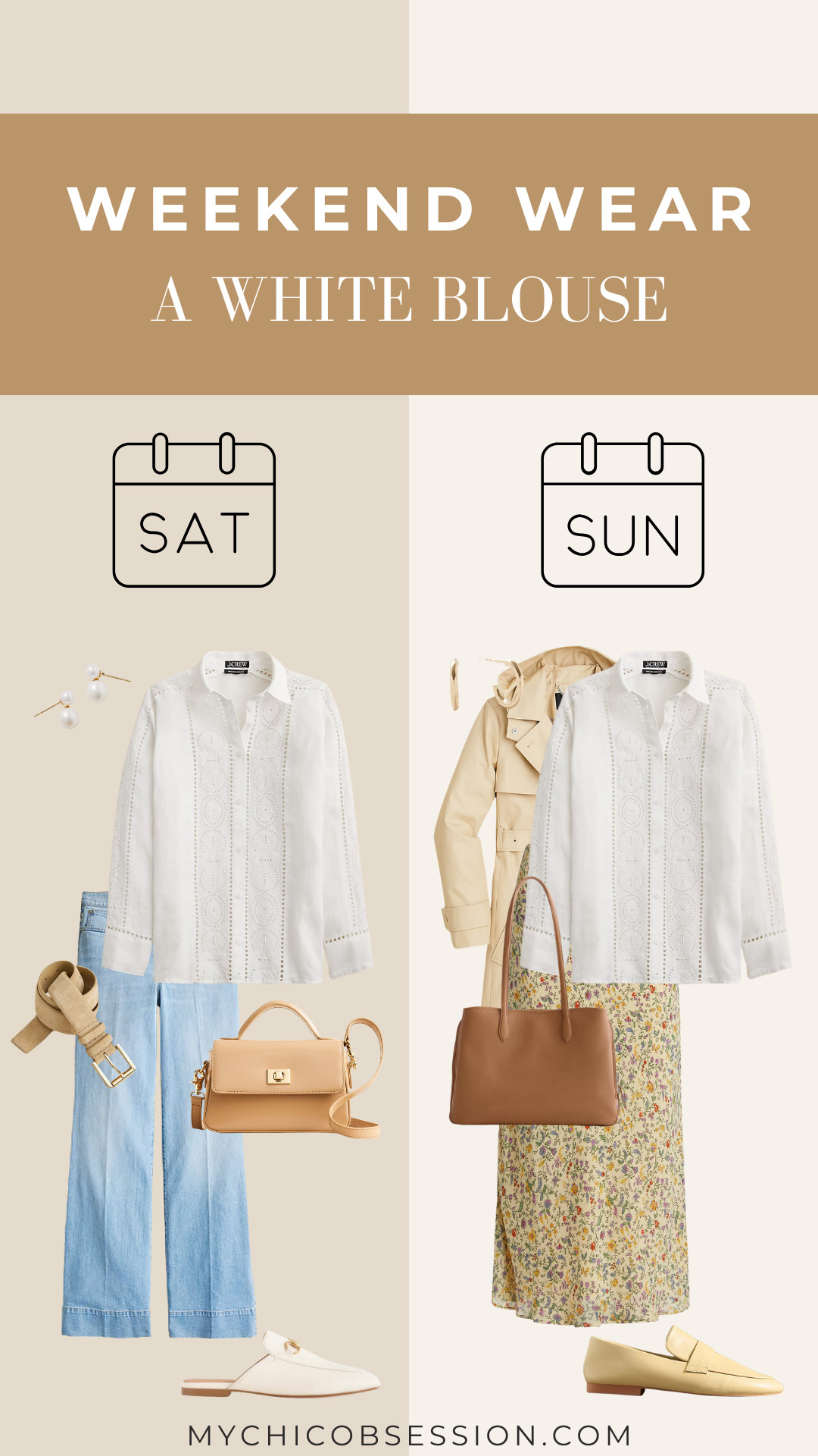 Style a white blouse or button-down for a chic spring look. On Saturday, pair it with light-wash jeans, pearl earrings, a suede belt, crossbody bag and mule slides. On Sunday, try a floral midi skirt, shoulder bag, butter yellow loafers, gold hoop earrings and a trench coat. A white blouse is the perfect addition to your spring fashion this year. 

 #LTKSeasonal #LTKStyleTip #LTKShoeCrush