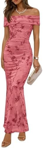ZESICA Women's Summer Off Shoulder Floral Bodycon Maxi Dress 2026 Ruched Elegant Formal Cocktail ... | Amazon (US)