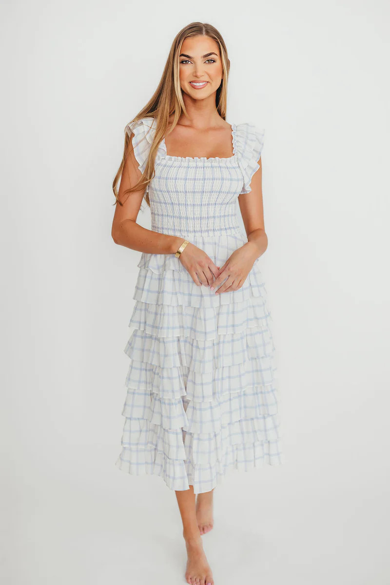 Adelynn Ruffle Midi Dress in White/Blue | Worth Collective