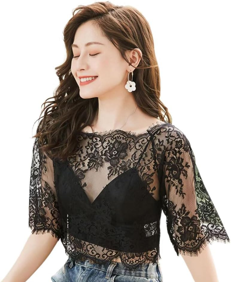 Women's Half Sleeved Lace Sheer Mesh Top Sexy Lace Base Shirt Vest | Amazon (US)
