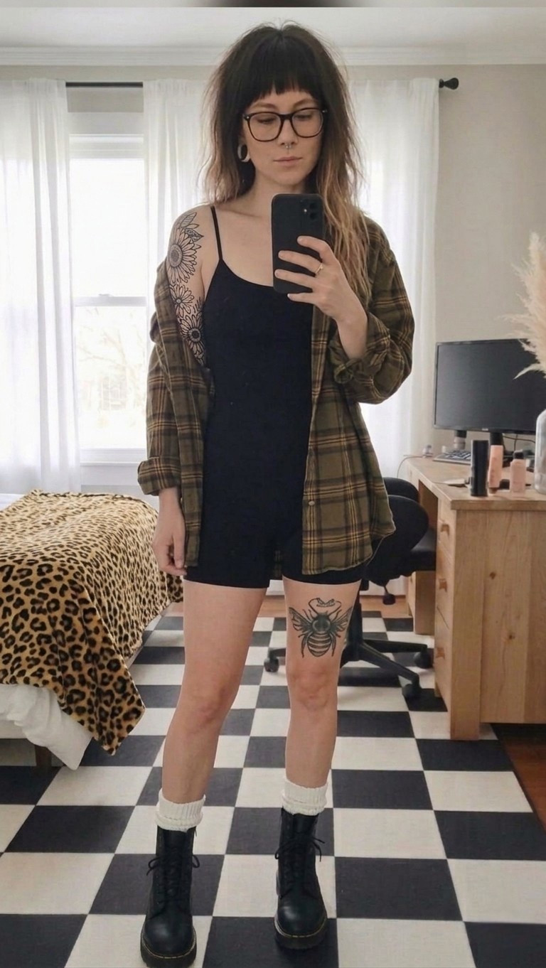 The ultimate cool-girl uniform for transitional weather 🖤 This "Indie Sleaze" revival meets 90s grunge look is my current daily rotation. I paired a staple black romper with an oversized olive flannel for that effortless layered vibe. The white scrunched socks with classic Dr. Martens give it that perfect touch of "King Kylie" era nostalgia. Everything fits true to size!

#LTKootd #LTKmomlife #LTKSeasonal