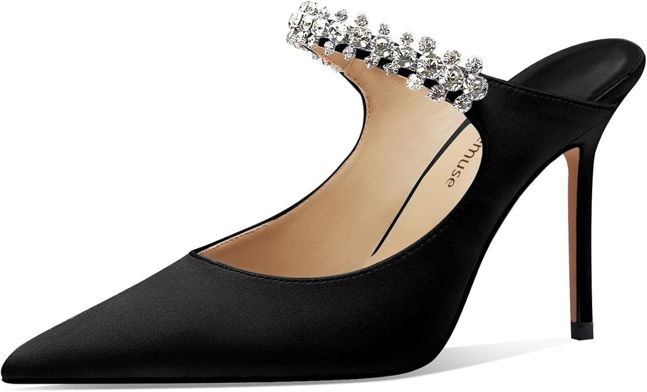 Vaslemuse Women Heeled Mules Rhinestone Strappy Pointed Toe Mules Stiletto High Heels Slip On Bri... | Amazon (US)