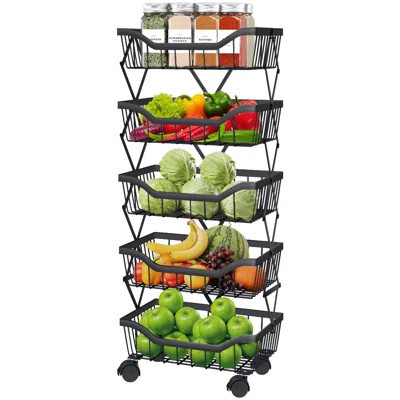 5 Tiers Stackable Metal Wire Fruit Basket Kitchen Cart With Wheels Vegetable Storage Holder For Onions Potatoes Bread Snack Veggie, Black | Wayfair North America