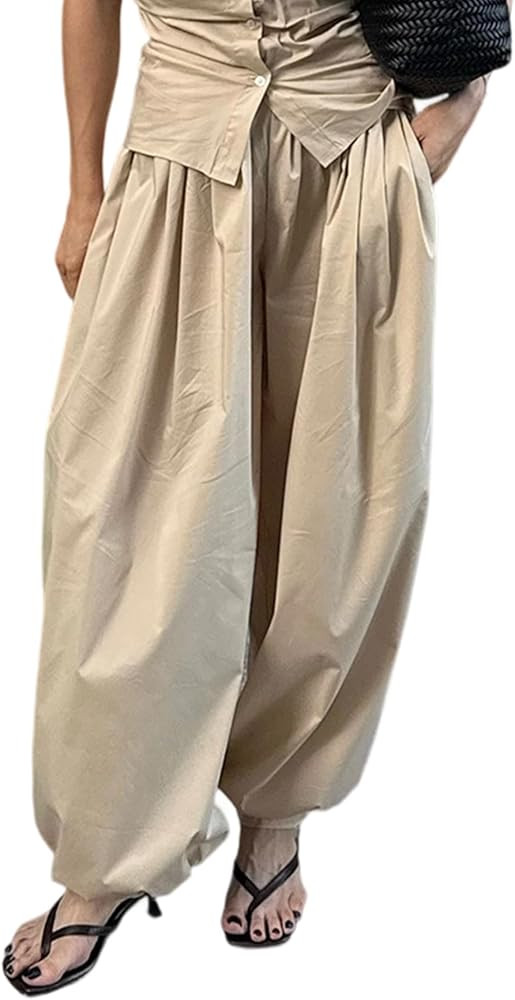 Unybwonn Womens Harem Pants Baggy Casual Pleated Loose Cargo Pants Elastic Waist Wide Leg Hippie ... | Amazon (US)