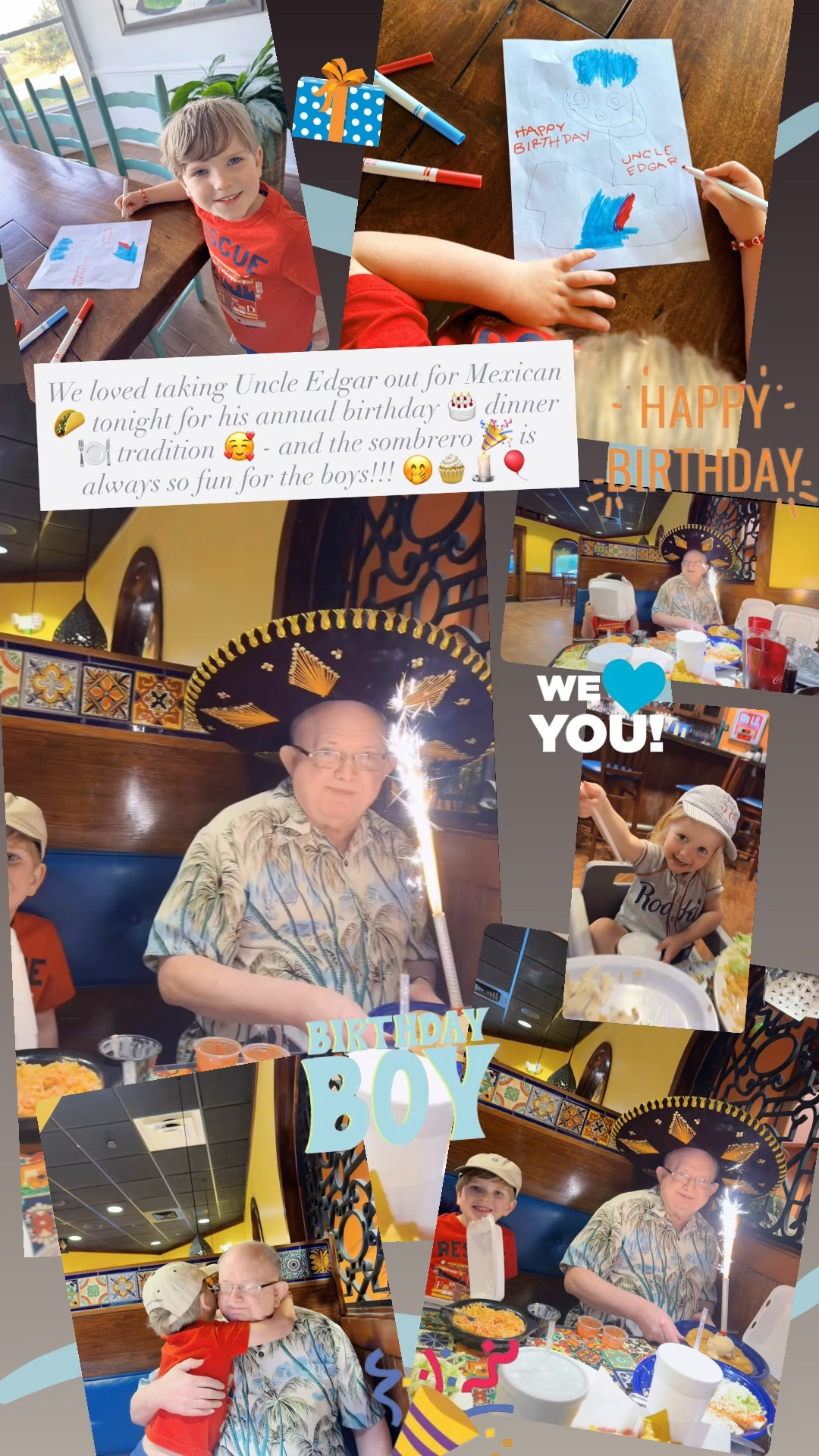 We loved taking Uncle Edgar out for Mexican 🌮 tonight for his annual birthday 🎂 dinner 🍽️ tradition 🥰 - and the sombrero 🎉 is always so fun for the boys!!! 🤭🧁🕯️🎈
