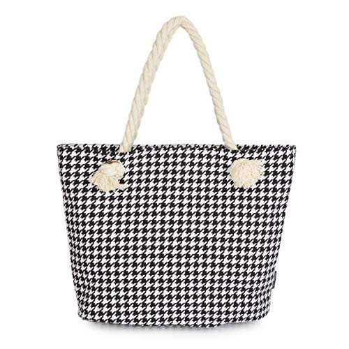 Premium Classic Black White Houndstooth Print Cotton Canvas Tote Shoulder Bag Handbag One Size | Amazon (US)