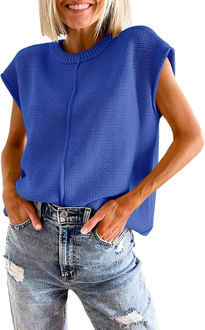 Saodimallsu Womens Summer Cap Sleeve Tops Casual Crew Neck Loose Fit Knit Lightweight Sweater Pul... | Amazon (US)