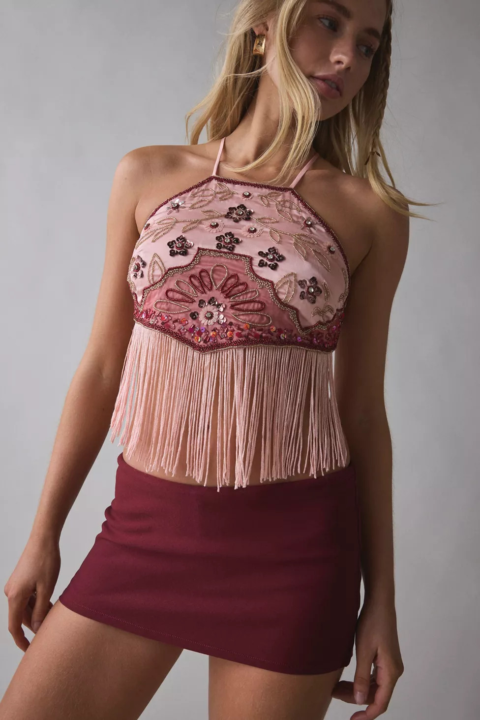 UO Zolli Embroidered Open-Back Fringe Halter Top | Urban Outfitters (US and RoW)