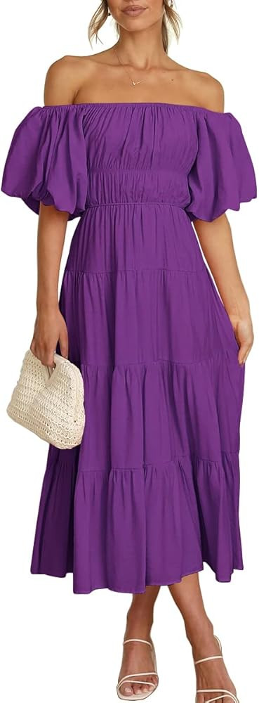 Off The Shoulder Dresses for Women 2023 Summer Smocked Midi Dress | Amazon (US)