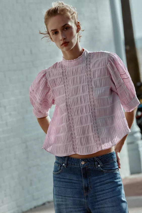 Model height: 173 cmRound neck shirt featuring short puff sleeves, ruffled trims, lace details an... | Zara AU