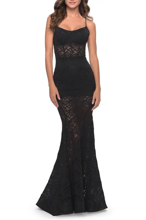 La Femme Romper Lace Dress with Sheer Skirt and Lace Up Back in Black at Nordstrom, Size 4 | Nordstrom