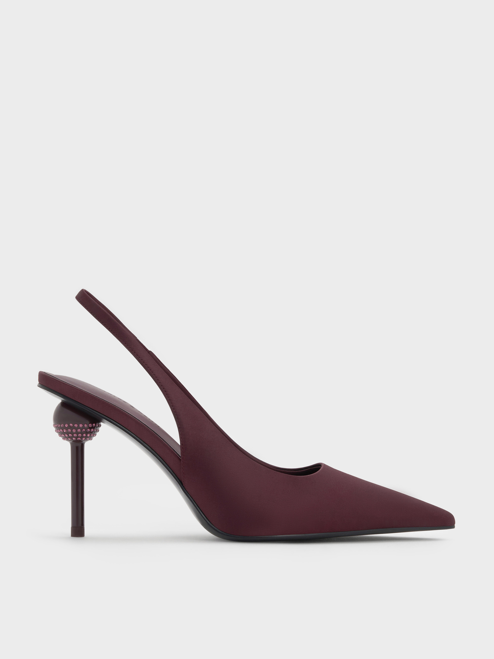 Satin Crystal-Embellished Ball-Heel Pointed-Toe Slingback Pumps
    
         - Burgundy | Charles & Keith EU