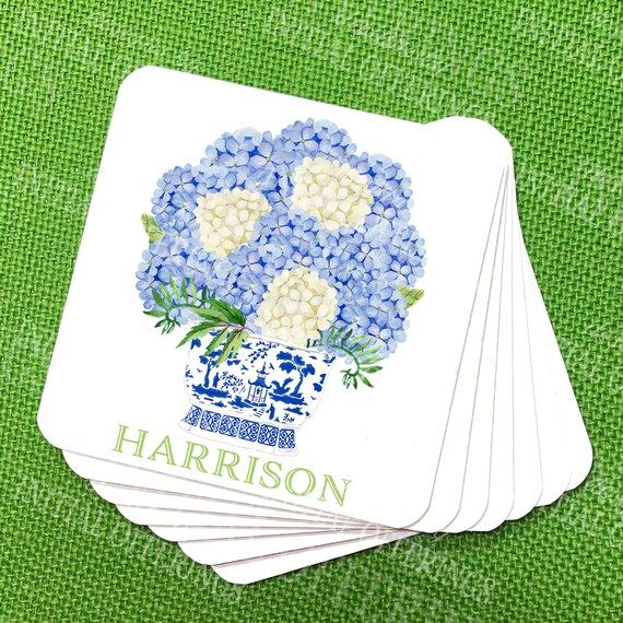 Set of Blue Hydrangeas in Blue and White Planter Coasters  - Etsy | Etsy (US)