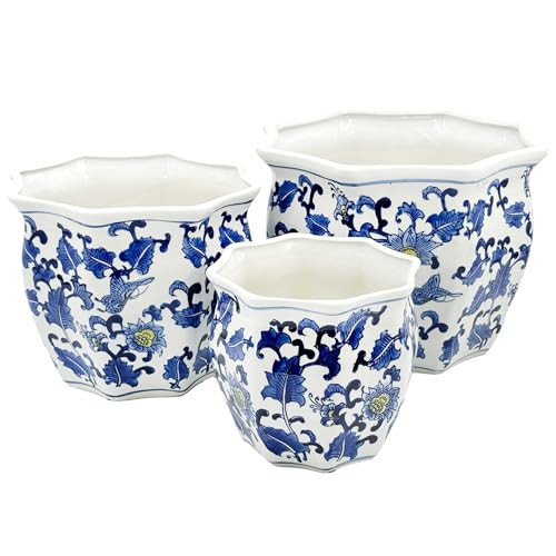 Galt International Blue & White w/Yellow Accent Round Fluted Floral Porcelain Ceramic Plant Flower Planter Pot Set of 3 (7.5", 10", 13") Garden Pots Chinese Asian Design | Amazon (US)