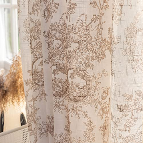 SUOUO Coffee Floral Semi Sheer Curtains Linen Textured for Living Room 84 inches Long 2 Panels Rod Pocket Light Filtering Window Drapes for Bedroom Dining | Amazon (US)