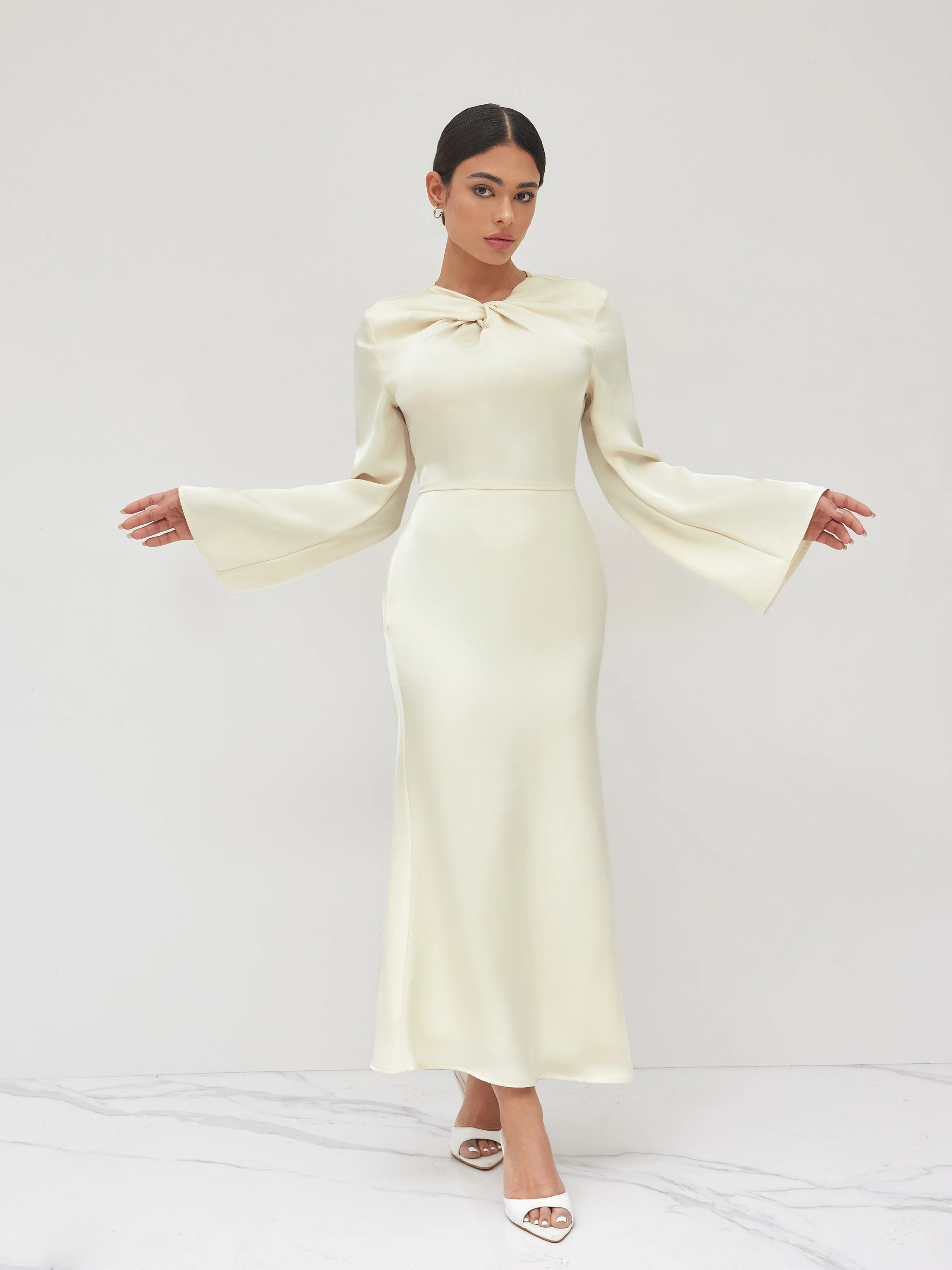Woven Asymmetrical Neck Twist Ruffle Maxi Dress For Date | Cider