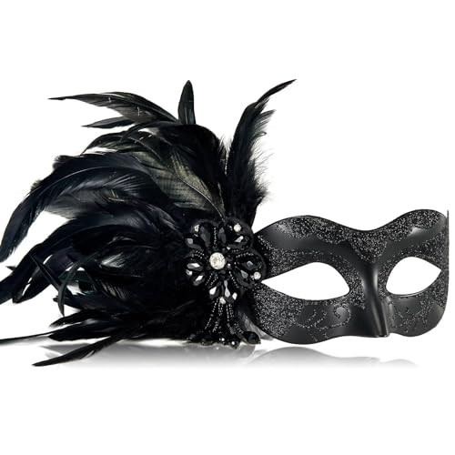 MYSEUNI 2025 New Black Masquerade Masks for Women with Feathers - Womens Mascarade Venetian Mask for Masquerade Party, Mardi Gras, Halloween Cosplay Prom, Christmas | Amazon (US)
