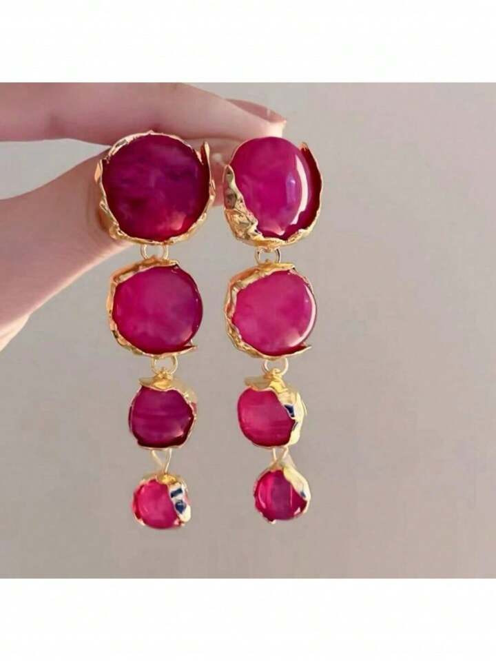 1pair European And American Style Long Tassel Earrings With Resin And Metal Pink Asymmetrical Shape, Simple And Fashionable Ear Accessories For Women With Luxury Tone | SHEIN