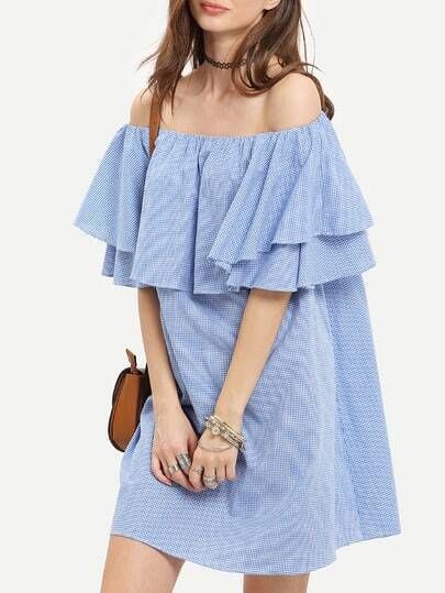 Blu fuori dalla spalla Micro Plaid Dress Ruffle | SHEIN