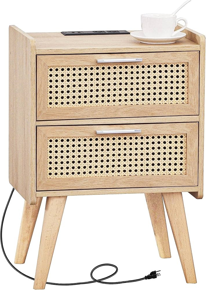 HHETOGOL Rattan Nightstand with Charging Station, Boho Side Table with 2 Drawers, Boho Desk, Side... | Amazon (US)