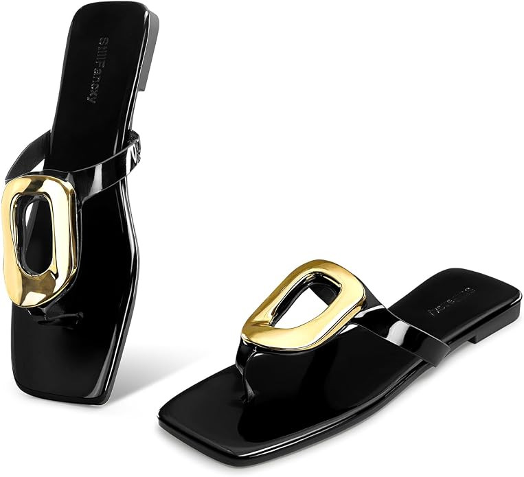 Gold Buckle Flat Sandals for Women Square Toe Dressy Flip Flops Trendy Thong Sandals Slide Sandal... | Amazon (US)