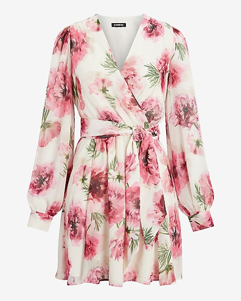 Floral Print Long Sleeve Tie Waist Mini Dress | Express