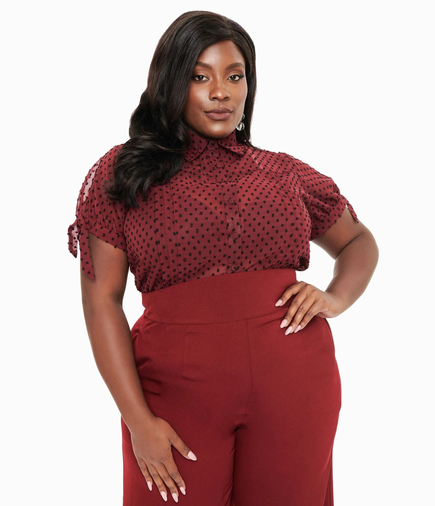 Unique Vintage Plus Size 1950s Burgundy & Black Clip Dot Tie Cuff Blou | UniqueVintage