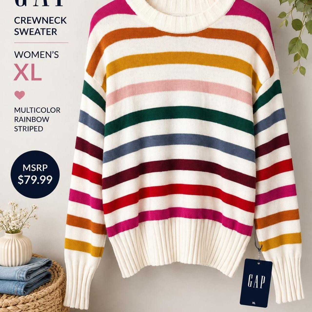 GAP Women’s XL Rainbow Striped Crewneck Sweater NWT... | Depop US