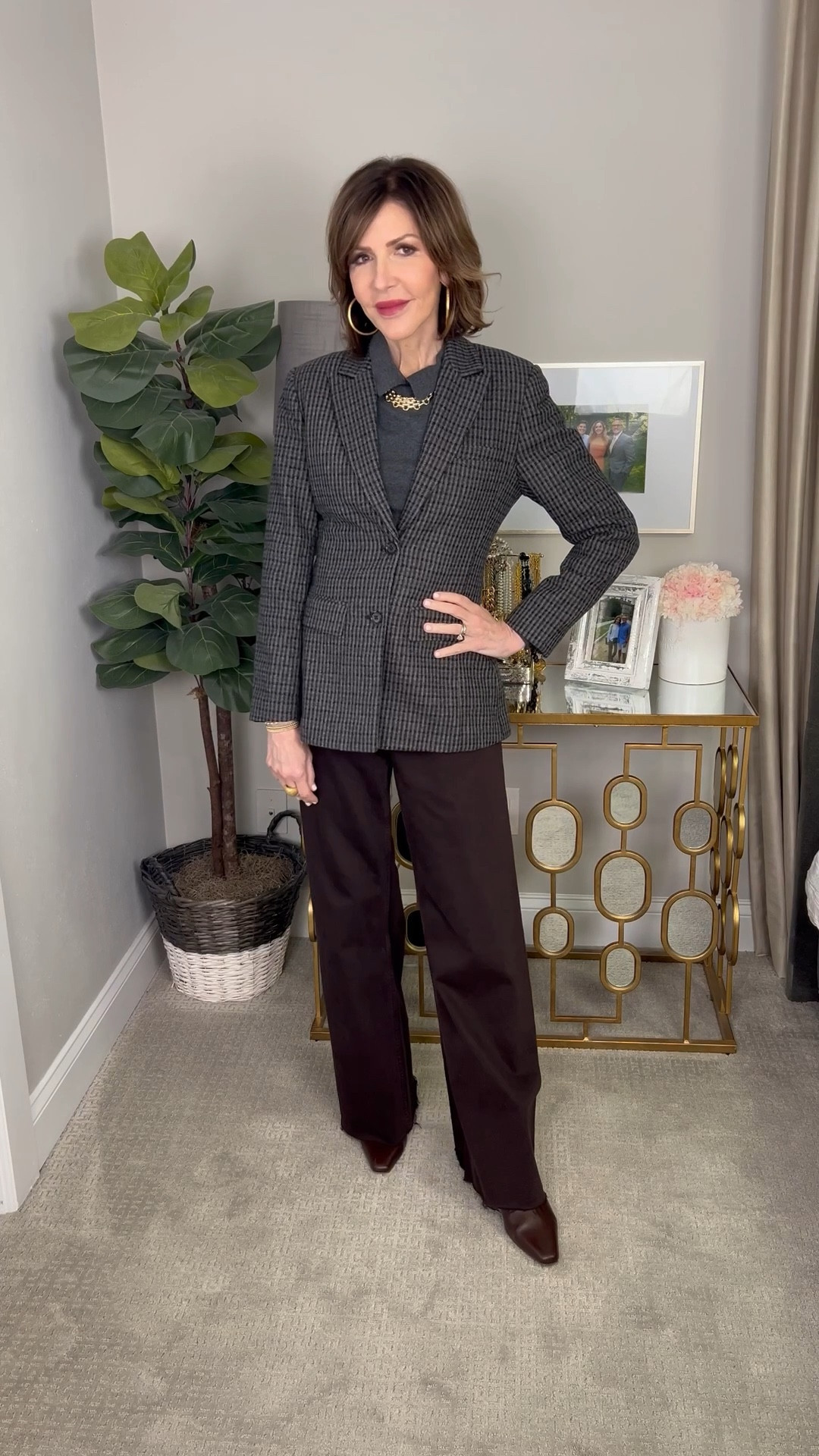 grey polo sweater, brown wide leg pants, brown boots, blazer, winter outfit, over 50 outfits 

#LTKFindsUnder100 #LTKOver40 #LTKSeasonal