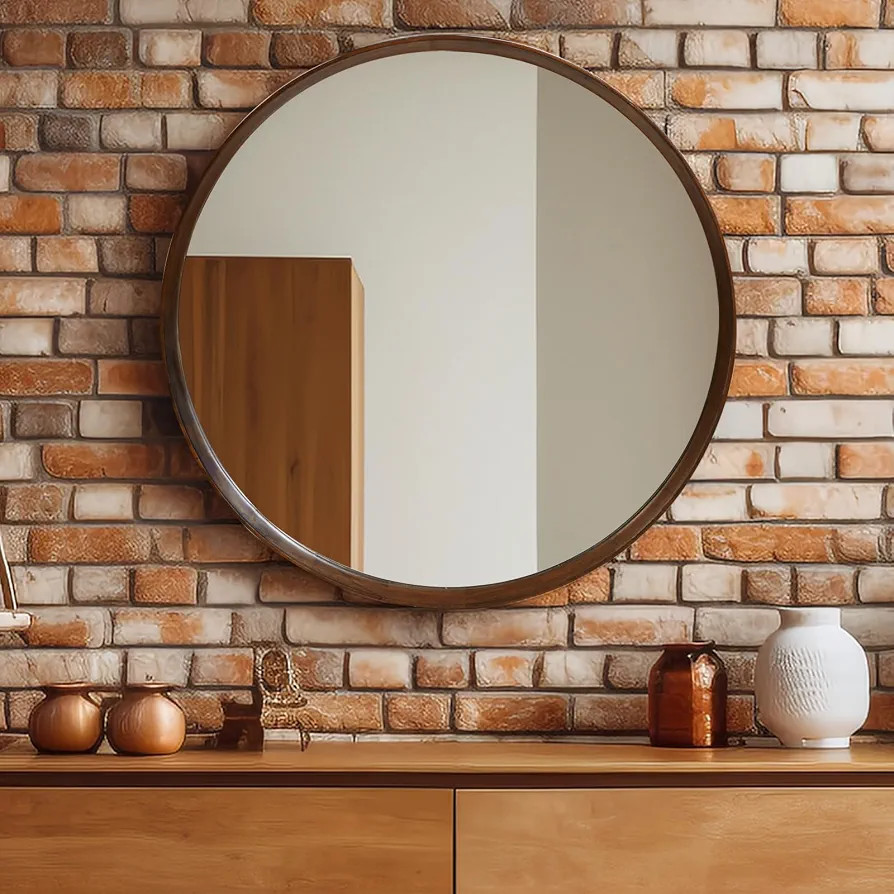 Round Mirror 28 Inch, Brown Wood Mirror, Wall Circle Mirrors, Large Wood Frame Mirror, Round Mirr... | Amazon (US)