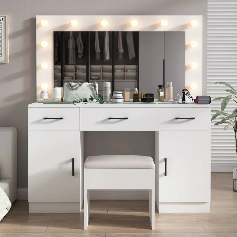 Ktaxon Large Makeup Vanity with 3 Drawers, Vanity Desk with 3 Color Light, Vanity Table Set w/ Vi... | Walmart (US)