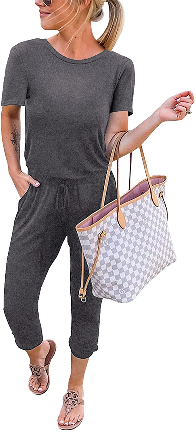 KIRUNDO 2023 Women's Casual Summer Jumpsuits Short Sleeve Crewneck Drawstring Elastic Waist Jumps... | Amazon (US)