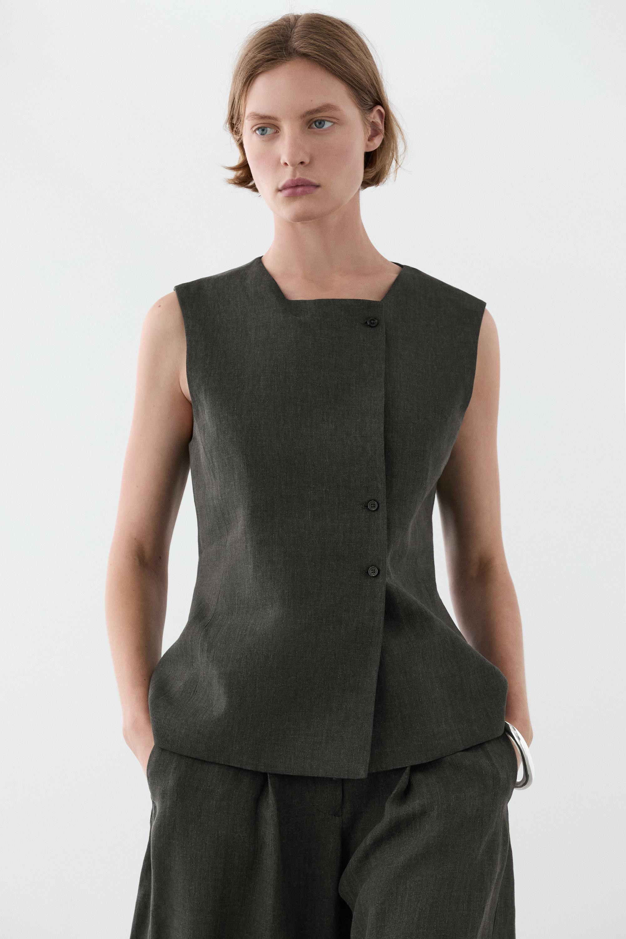 Melange linen double-breasted waistcoat with buttons | Massimo Dutti US