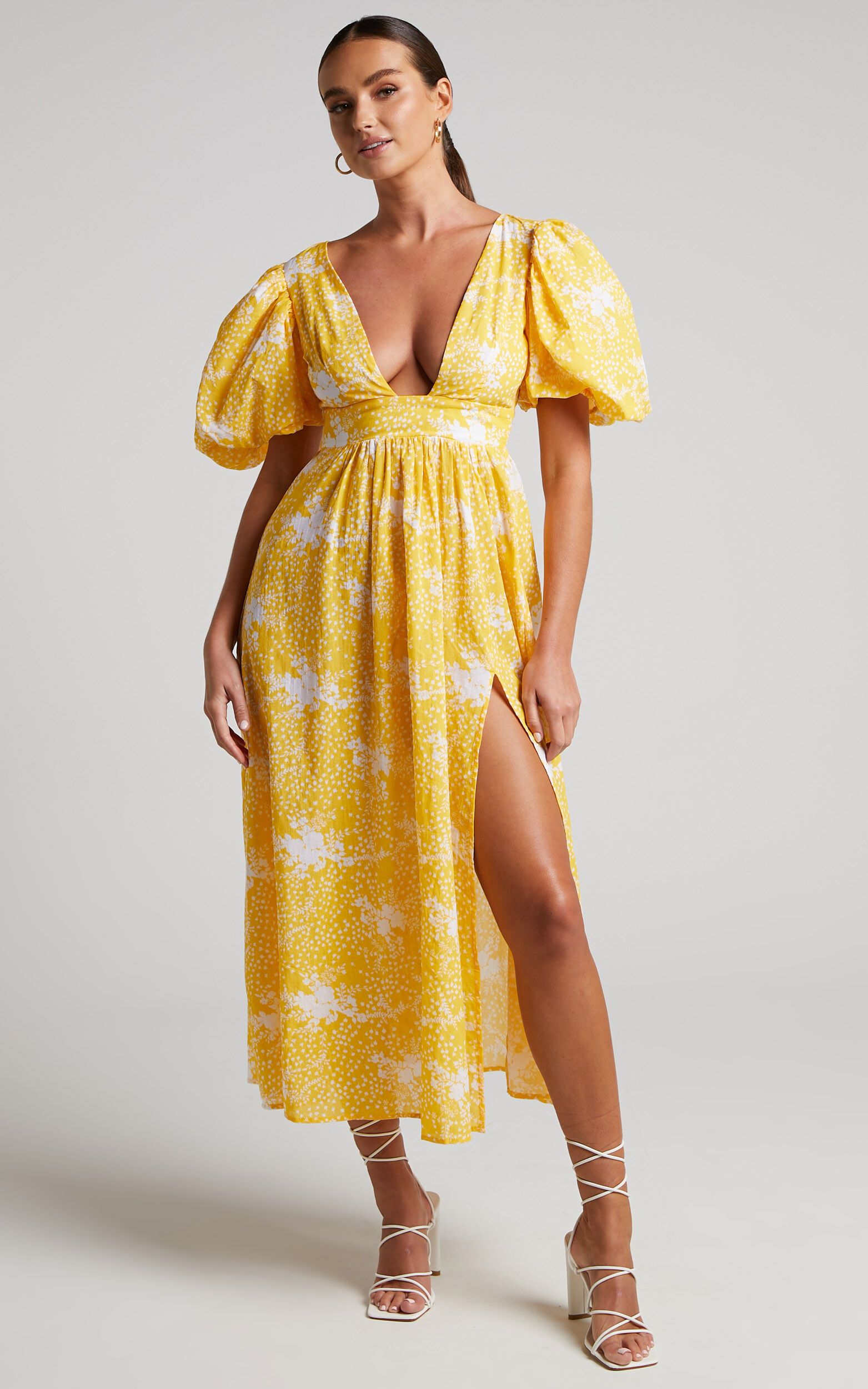 Ailiza Midi Dress - Puff Sleeve Open Back Dress in Yellow Floral | Showpo (US, UK & Europe)