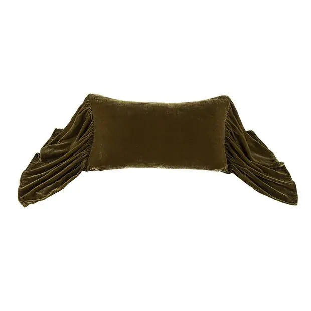 Olive Green Long Ruffle Velvet Accent Pillow | Antique Farm House