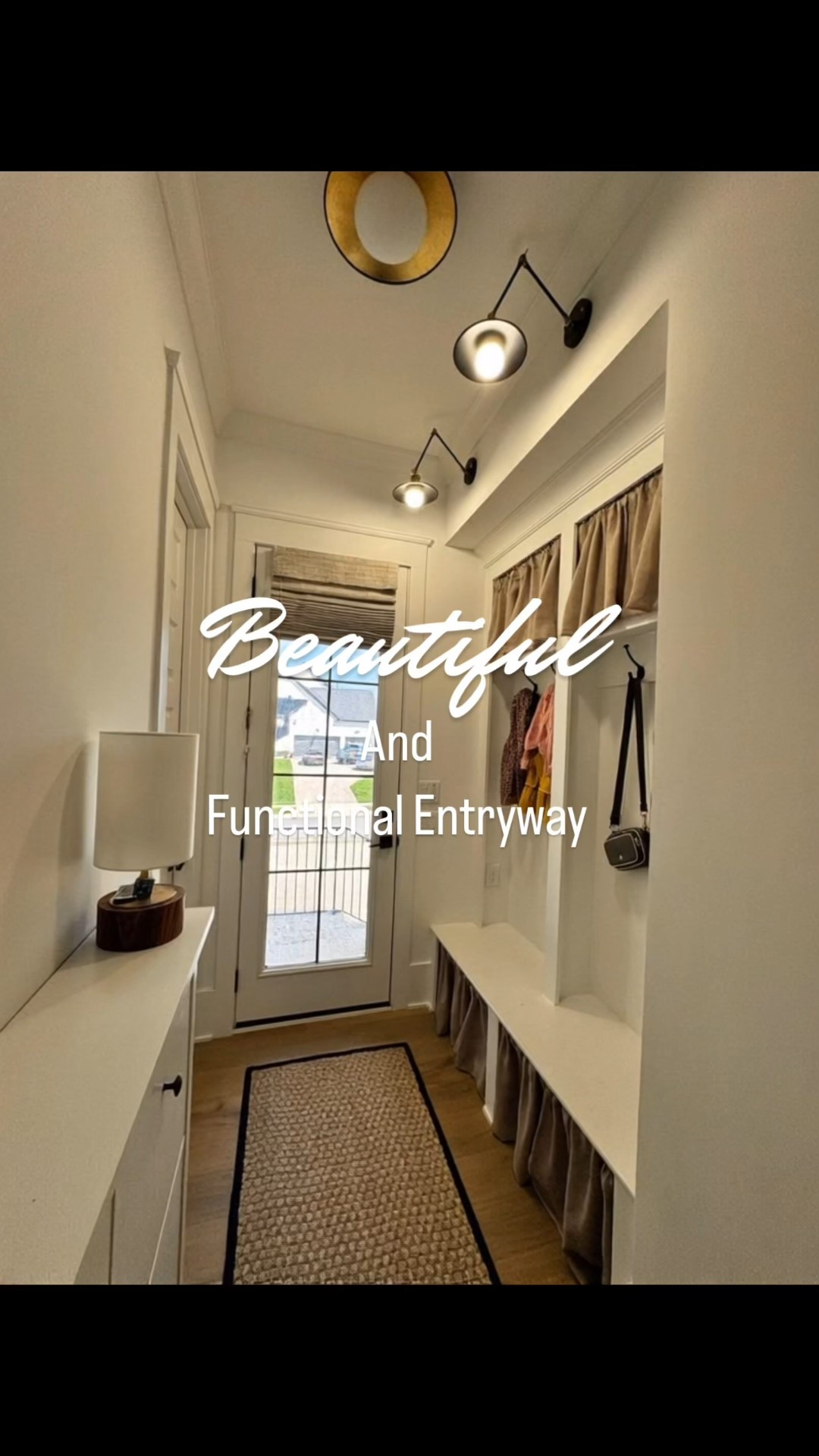 This little hallway got a big upgrade with just a few thoughtful touches—because who says functional can’t also be beautiful? I added café curtains both above and below the bench as an easy fix to hide all the visual clutter (aka the real-life mess of family life). The swing-arm sconces bring charm and flexibility to the space, while the flush mount ceiling fixture adds just enough contrast with its soft brass finish. A jute runner helps keep all the little dirty feet from ruining the floors, and that shoe storage cabinet on the left? A total game-changer. It’s pretty and it keeps everything tucked away. Proof that even a mudroom can be a moment.

mudroom organization | mudroom makeover | entryway design | café curtain storage | swing arm sconces | flush mount ceiling light | jute runner rug | kid-friendly entryway | neutral home style | functional home design | shoe storage cabinet | family home ideas | hallway organization

#LTKHome