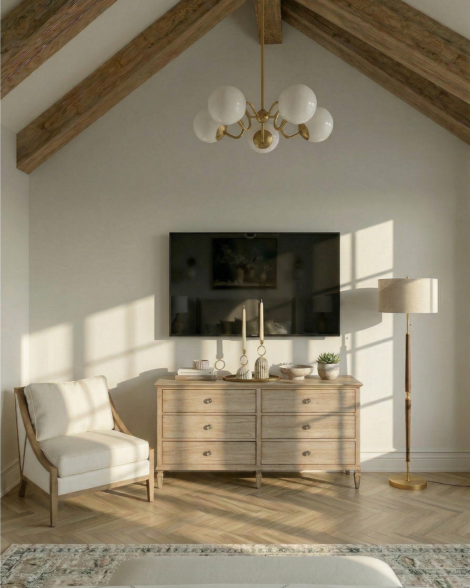 Shop the look:
* Upholstered bed with wood frame
* Nightstands 
* 6-drawer wood dresser 
* Wood upholstered Accent chair 
* Upholstered bench
* Mid-century style chandelier (brass + globe bulbs)
* Wall sconces
* Table lamps
* Artwork 
* Decorative mirror (arched, gold frame)
* Area rug vintage-style, muted tones
* Brown Throw blanket (chunky knit)
* Floral Decorative pillows
* Candlesticks
* Decorative trays
* Small bowls
* Books 
* Sculptural decor objects
* Vases with greenery/branches

#LTKhome #LTKsale #LTKstyletip