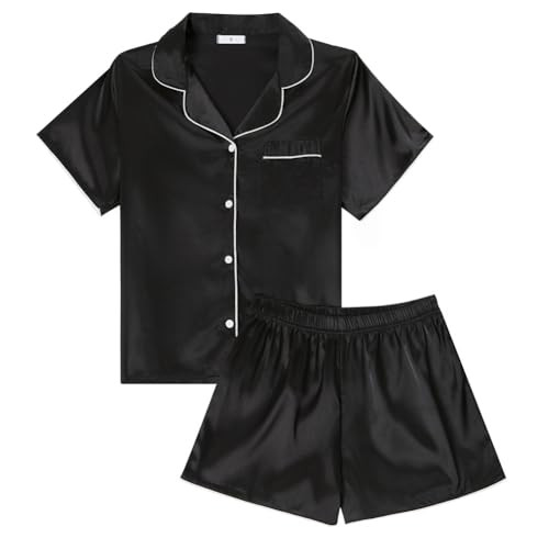 LYANER Women's Satin Silk Pajamas Short Sleeve Button Shirt with Shorts Set PJ Sleepwear Black Large | Amazon (US)