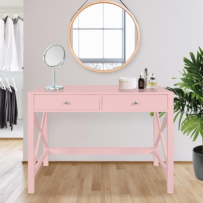 Usinso Pink Writing Computer Desk with Drawers,Small Modern Table for Bedrooms,Pink Vanity Table,... | Amazon (US)