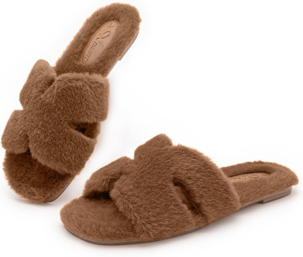 Athlefit Women's Fuzzy Slippers Cute Comfy Fluffy Open Toe Slip-on House Slide Slippers for Indoo... | Amazon (US)